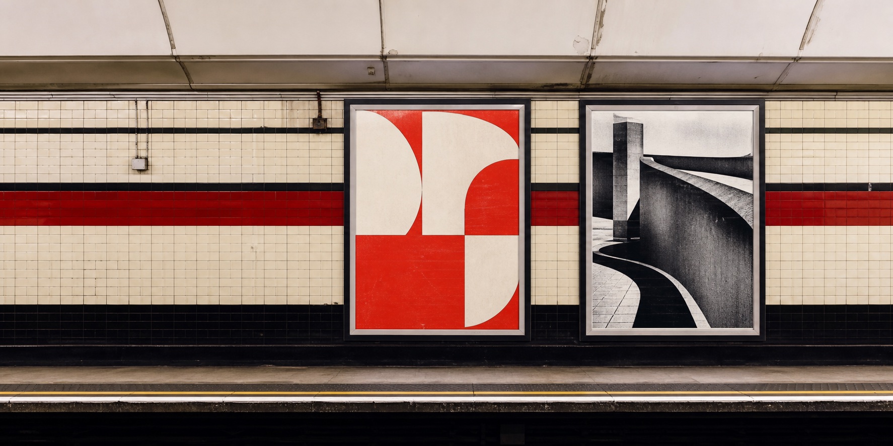 Two contemporary artworks displayed in poster frames on a London Underground platform.